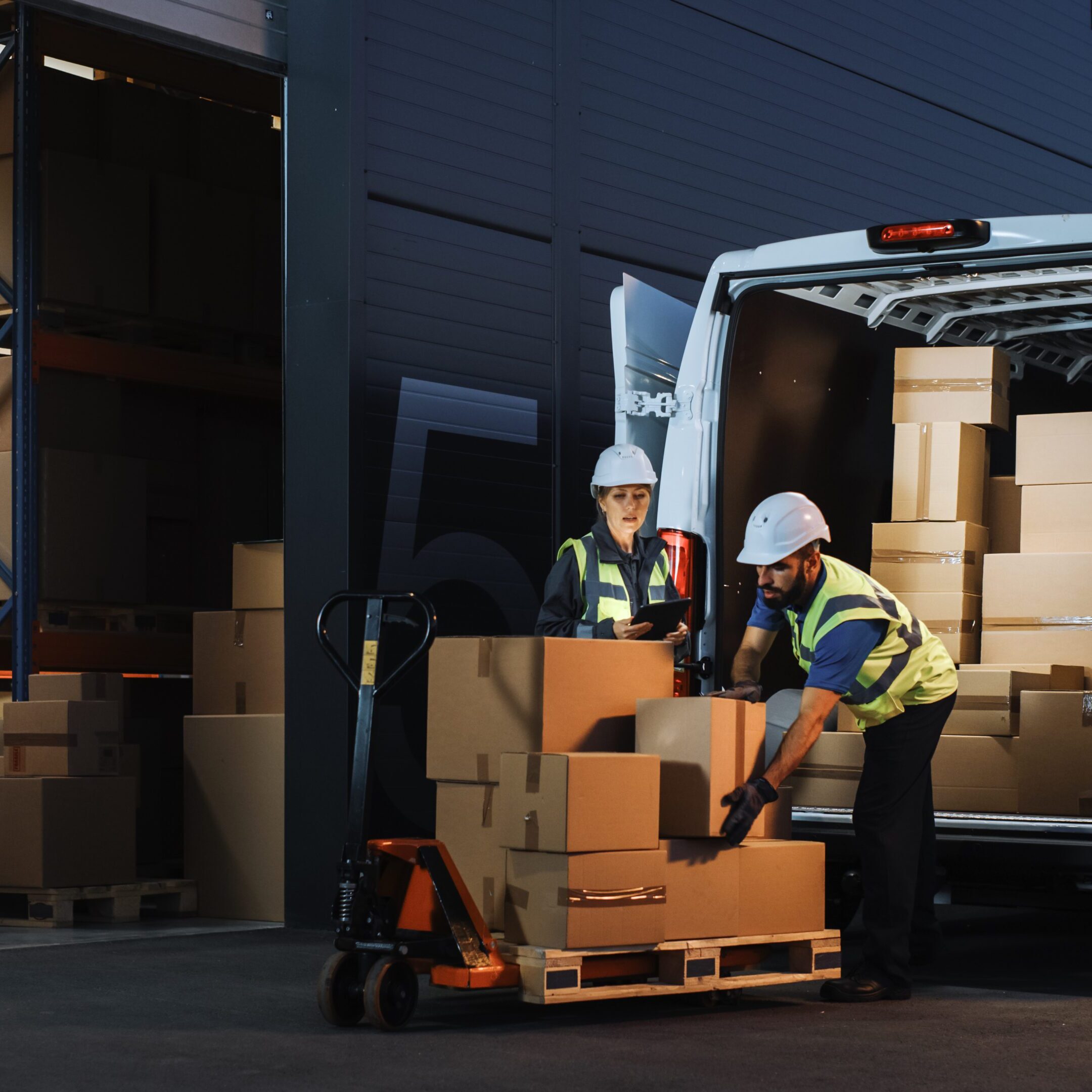 Outside of Logistics Retail Warehouse With Inventory Manager Using Tablet Computer, talking to Worker Loading Delivery Truck with Cardboard Boxes, Online Orders, Food and Medicine Supply, E-Commerce